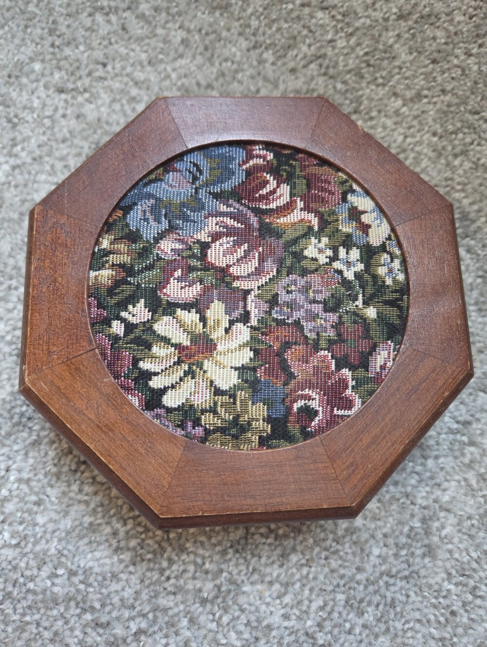 Vintage Wood Trinket Box with Floral Tapestry Top